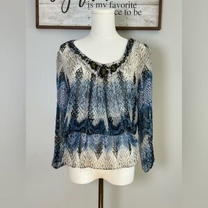 Caché Blue Snakeskin Print Peplum Blouse Size Small Beaded Scoop Neck 3/4 Sleeve